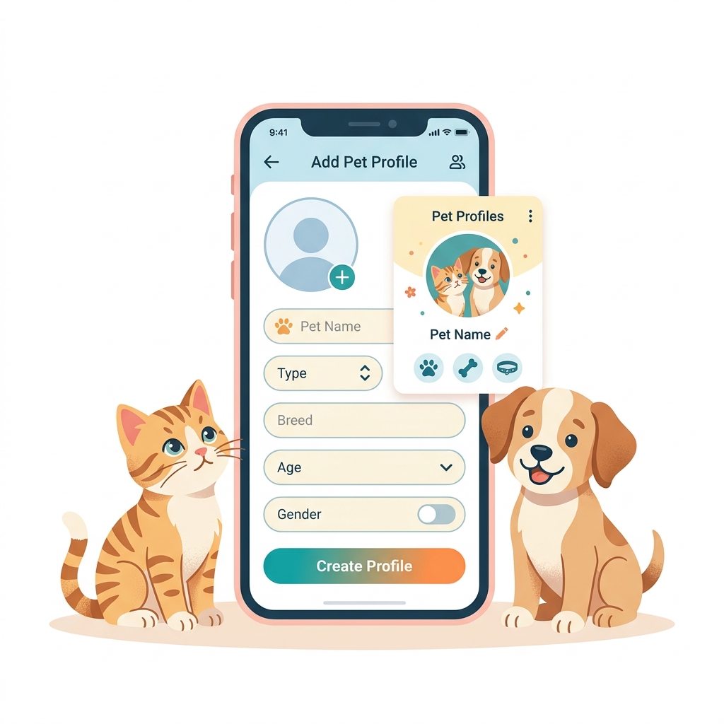 Evcil hayvan (kedi, köpek, kuş) aşı ve sağlık profili oluşturma ekranı